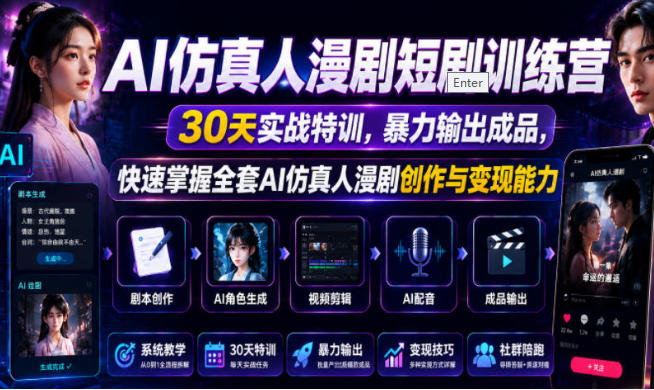 AI仿真人漫剧短剧训练营，全套AI仿真人漫剧创作与变现能力